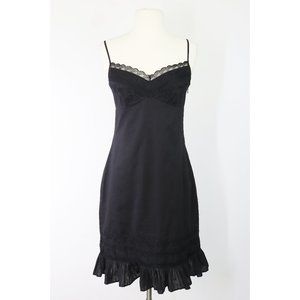 BCBGMaxAzria Lace Trim Dress Sleeveless Skinny Strap Y2K Ruffle Hem Black 6